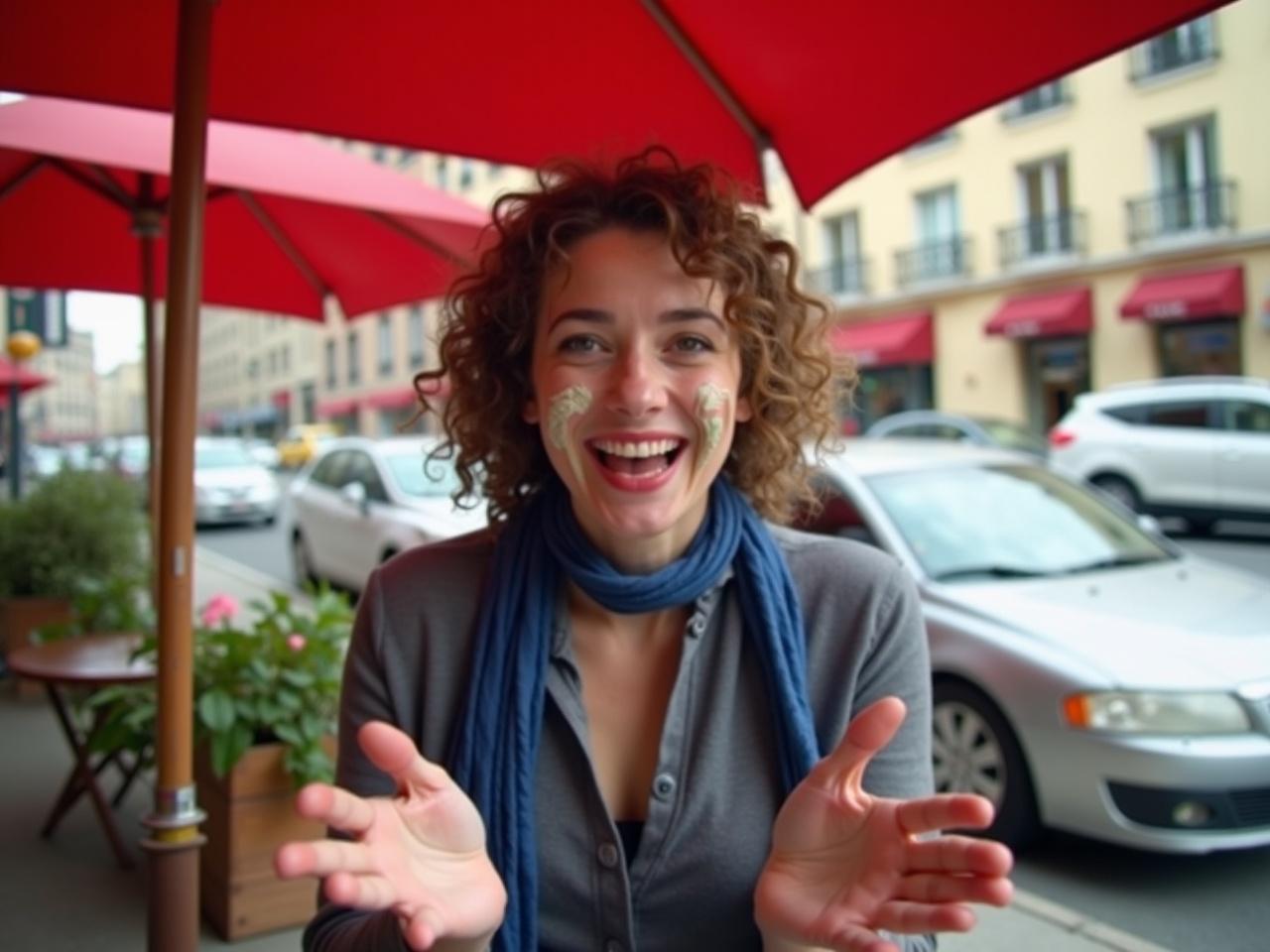 The image shows a woman sitting at an outdoor café under a red umbrella. She has curly hair and is wearing a gray shirt with a blue scarf around her neck. Her face is adorned with what looks like cream, and she appears to be smiling while gesturing with her hands. The background includes cars and a street, indicating a bustling urban environment. There are some plants visible nearby, adding a touch of greenery to the scene. The woman's expression seems joyful and playful.