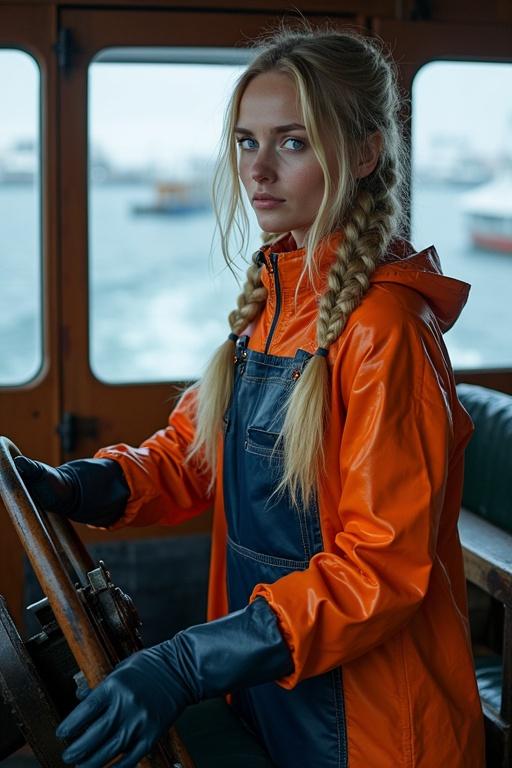 Young woman with long blonde hair in two pigtails. She is wearing an orange raincoat and navy blue dungarees. She is steering a fishing boat on a cold sea. The background shows the stern of the boat and a fishing harbor.