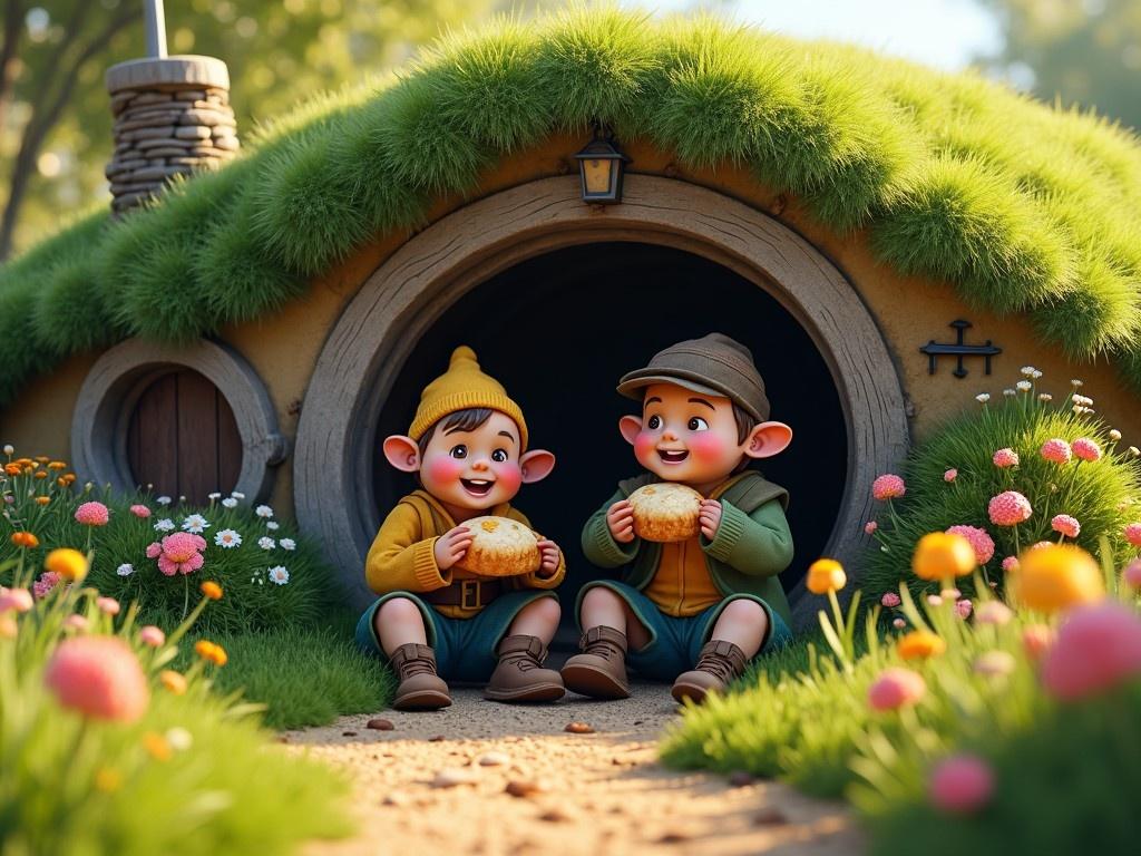 The image features a charming hobbit hole surrounded by lush greenery and colorful flowers. Two young adult hobbits sit on the steps, smiling joyfully while enjoying pastries. The scene is bathed in bright sunlight, enhancing the cheerful atmosphere. The hobbits are depicted in a playful and happy manner, emphasizing their enjoyment of the moment. The hobbit hole has a cozy, inviting design, making the scene feel whimsical and idyllic.