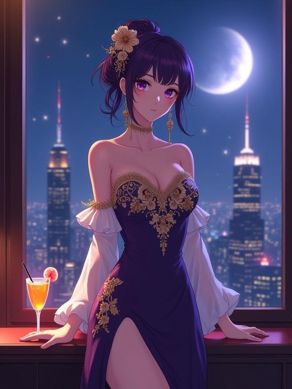 Stunning sexy lady stands gracefully in front of a large floor-to-ceiling window inside an upscale lounge. She has sharp violet eyes and refined features. A dark violet gown with golden floral embroidery. White sheer sleeves add romantic movement. Elaborate updo with gold kanzashi ornaments. Refined earrings shimmer under ambient lighting. Vibrant orange cocktail on the bar. Massive window reveals nighttime city skyline with illuminated skyscrapers and a half moon. Ultra-detailed semi-anime aesthetic.