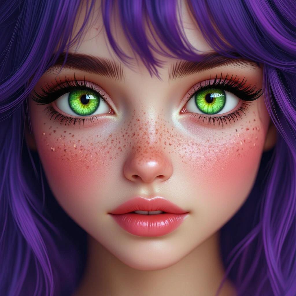 Close-up showing big green eyes and purple hair of a girl. She has freckles. The skin is striking red. Ultra realistic features are noticeable.