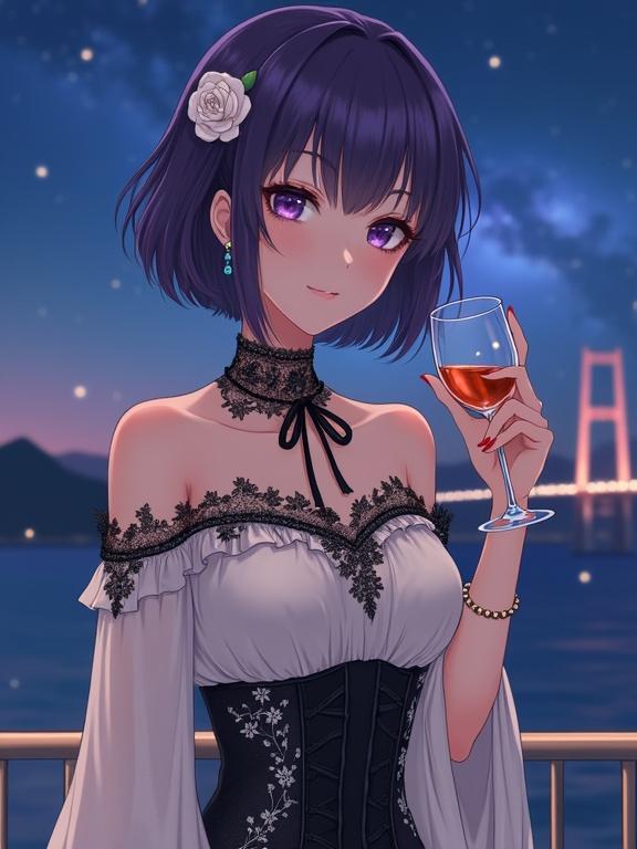Anime-style lady with dark violet hair wearing an elegant off-the-shoulder blouse on hotel balcony. She holds a glass with an amber beverage. View includes Akashi Kaikyo Bridge at night under a starry sky.