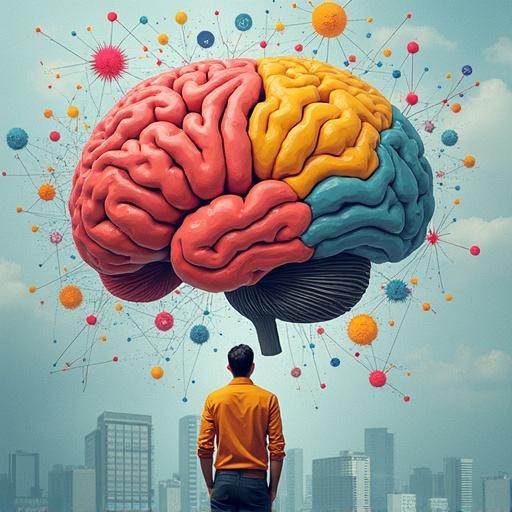 A person admires a vibrant, oversized brain depicted in red, yellow, and blue colors. Behind the brain, colorful nodes and lines represent connectivity and ideas. The scene is set in an urban area with skyscrapers.