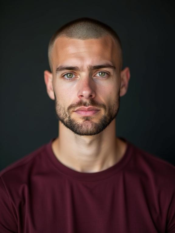 Studio portrait photograph captures a young man with bright green eyes. He has a shaved beard and closely shaved head. He wears a deep burgundy t-shirt. The color complements his good complexion.