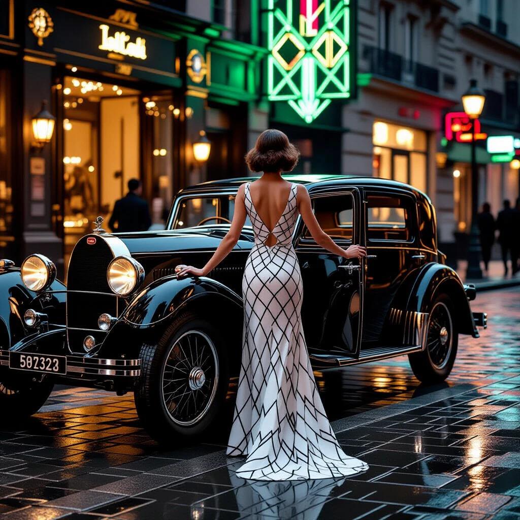 A beautiful woman in a short white dress with geometric patterns turns her back to the camera. She opens the door of a parked glossy black 1924 Bugatti Type 35 curbside. The scene is set in 1925 Paris at midnight, with wet cobblestones reflecting Art Deco neon lights. Streetlamps cast a warm glow on her silhouette. The car features chrome wheels and soft glowing headlights. The atmosphere is cinematic with a depth of field emphasizing the puddle reflections and dress patterns.