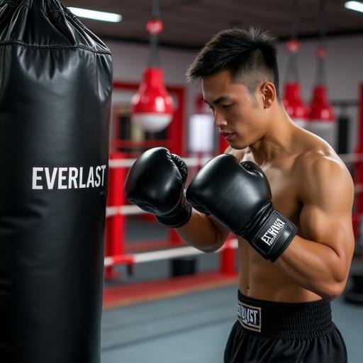 Young Asian man practices boxing. He has short hair and is muscular. Wearing black boxing gloves and trunks. He hits a black boxing 沙袋 with his right punch. The 沙袋 has 'EVERLAST' on it. The gym has red and white decor with hanging 沙袋 s. The scene shows a sports atmosphere with bright light and dynamic strength.