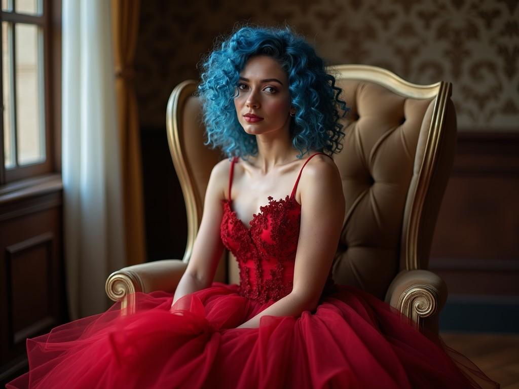 The image features a woman sitting gracefully in an ornate chair. She wears a striking red dress with intricate lace details, embodying elegance and sophistication. Her curly blue hair contrasts beautifully against her outfit. The background has a vintage vibe, with soft lighting illuminating her features. The overall composition exudes a sense of luxury and style, perfect for high-end fashion contexts.