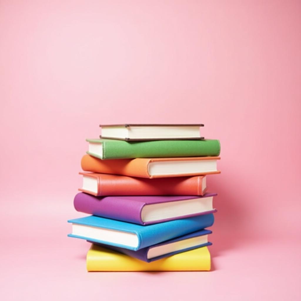 A stack of colorful books and notebooks is placed on a gradient pink background.