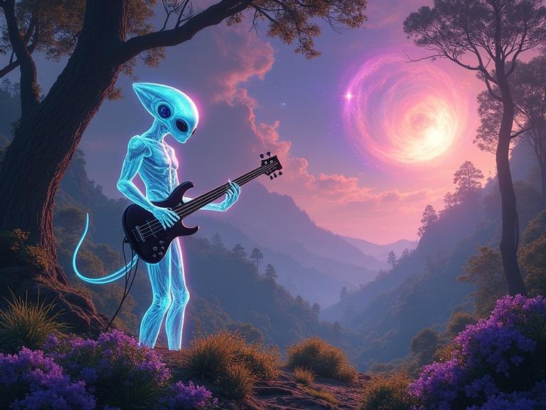 A glowing alien being plays a futuristic bass guitar in an alien forest. The forest features iridescent trees and flowers pulsing with light. Twin suns cast light in the sky showing a colorful nebula. The scene is tranquil and vibrant.