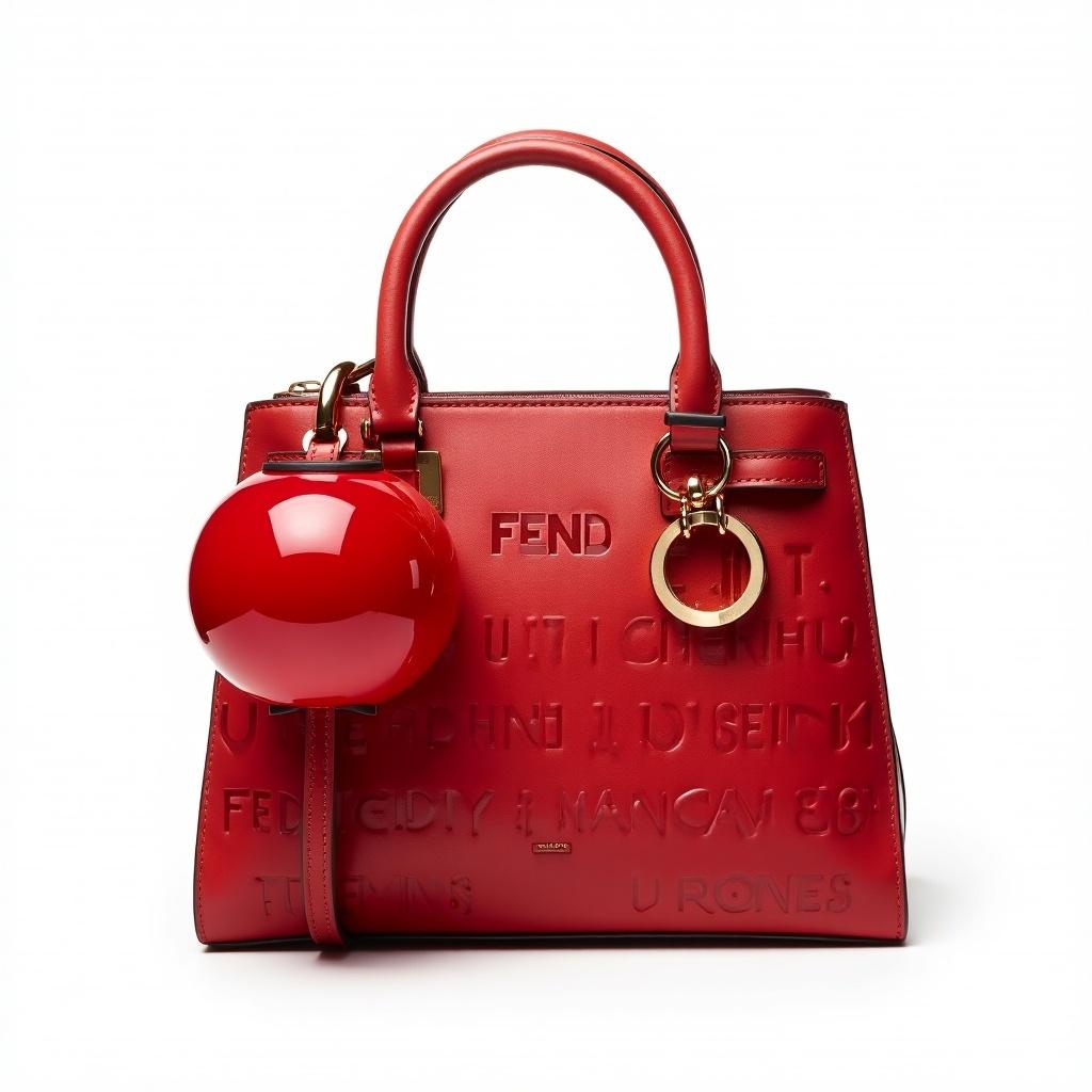 This image features a luxurious FENDI bag crafted from the finest muted vegan leather, showcasing a striking embossed pattern of words. The bag is a vibrant red color, accentuated by a large, transparent 4D plastic bead that functions as an asymmetrical keyholder. Set against a clean white background, the design exudes modern sophistication. The attention to detail in the bag's craftsmanship is evident, making it a standout piece in high-fashion accessories. This image captures the essence of haute couture, appealing to fashion enthusiasts looking for trendy yet sustainable options.