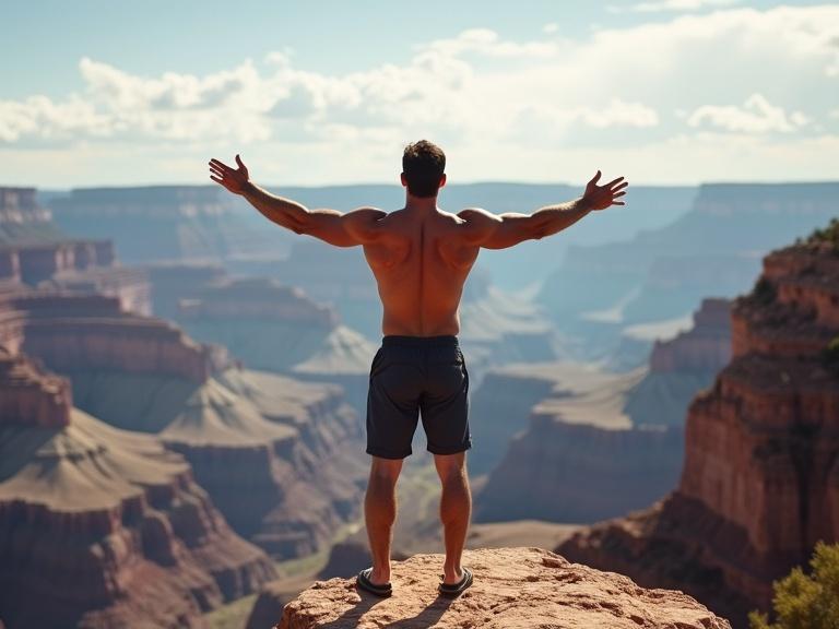 Close-up shot of a muscular man standing on a cliff with arms extended. Back view facing the Grand Canyon. Vivid valley and unique nature shapes create an alien-like world. Horizontal image suitable for a sci-fi movie.