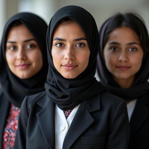 Generate an image featuring several female teachers of Scottish-Pakistani and Scottish Muslim ethnicity. They have dark brown eyes and black hair. They possess dark skin and very thick eyebrows. Each teacher wears a standard uniform.