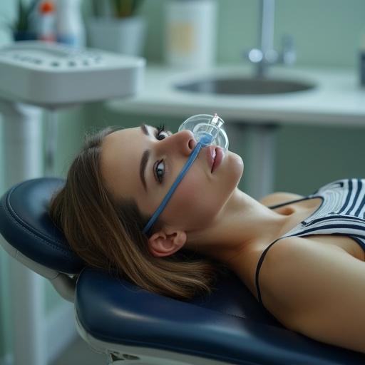A young woman lies on a dental chair. She wears cycling shorts and a medical oxygen mask. Soft lighting illuminates her face. The scene captures a healthcare environment. The angle is at her eye level.