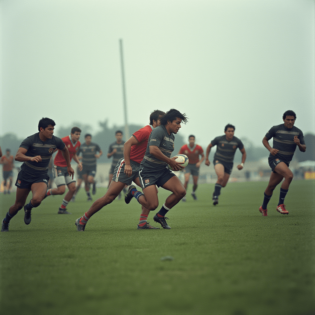 Rugby players fiercely chase the ball on a foggy field, displaying their athletic prowess.