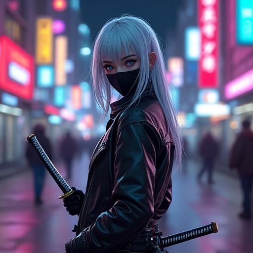 Silver-haired girl with blue eyes wearing a black mask and leather jacket on a cyberpunk street holding a silver katana. Sharp gaze among neon lights.