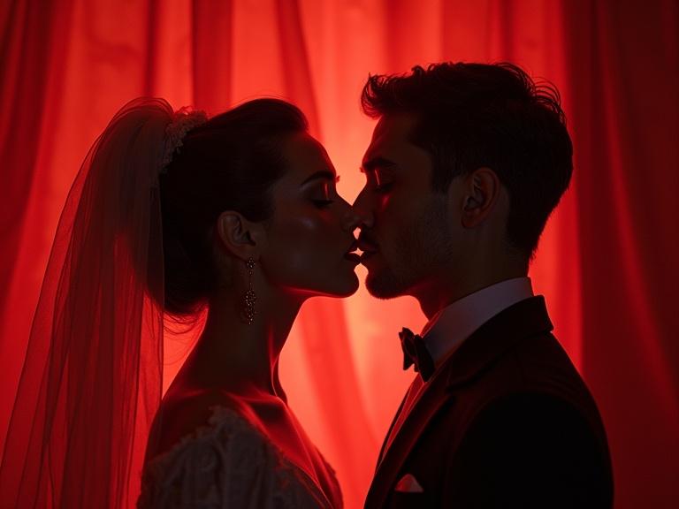 Silhouetted couple in love against a dramatic red background. Emphasis on their intimate connection. Soft details highlight romance and elegance.