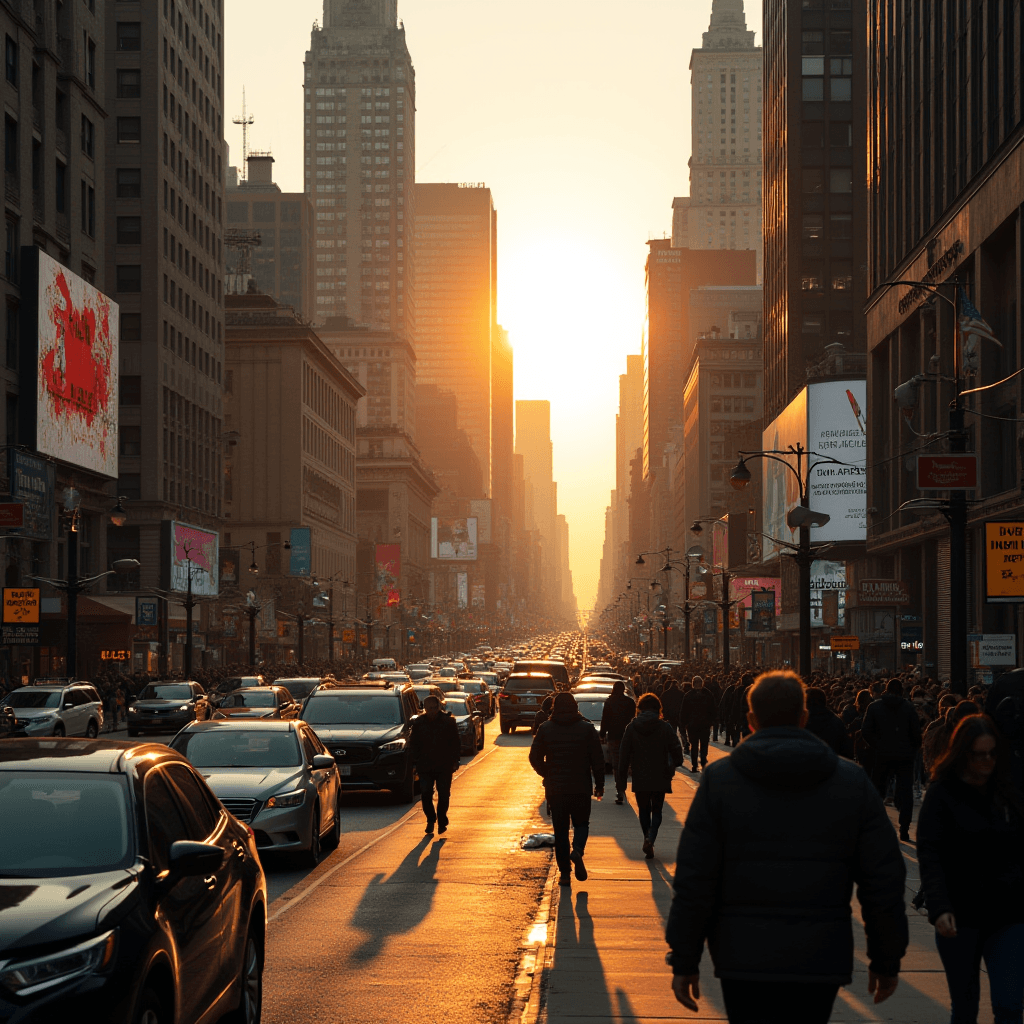 The busy city street is filled with cars and people walking as the sun sets beautifully between tall skyscrapers.