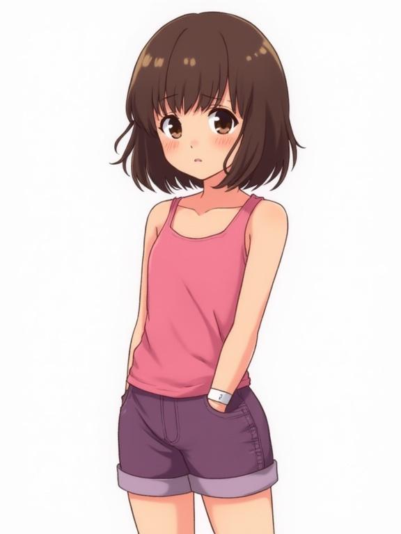 A teenage girl stands casually in a pink top and purple shorts. She has brown bob hair and brown eyes. The background is white. The artwork is in a comix style, depicting high quality and high resolution.