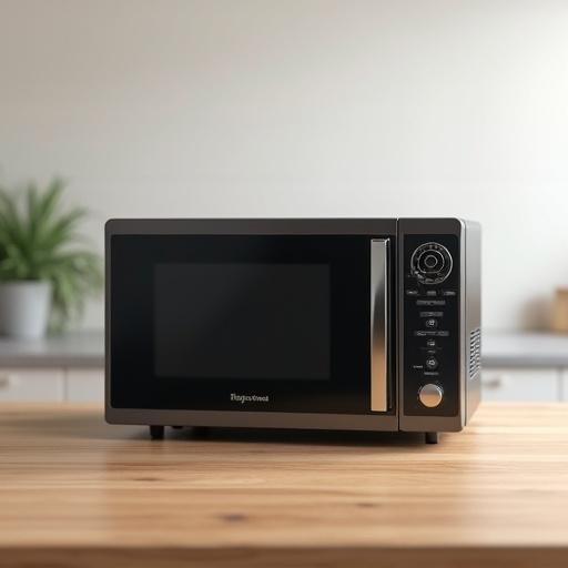A modern microwave oven placed on a kitchen countertop. Image captured in natural light. Clean and minimalistic scene. Microwave details and buttons are clearly visible. Simple wooden table adds warmth.