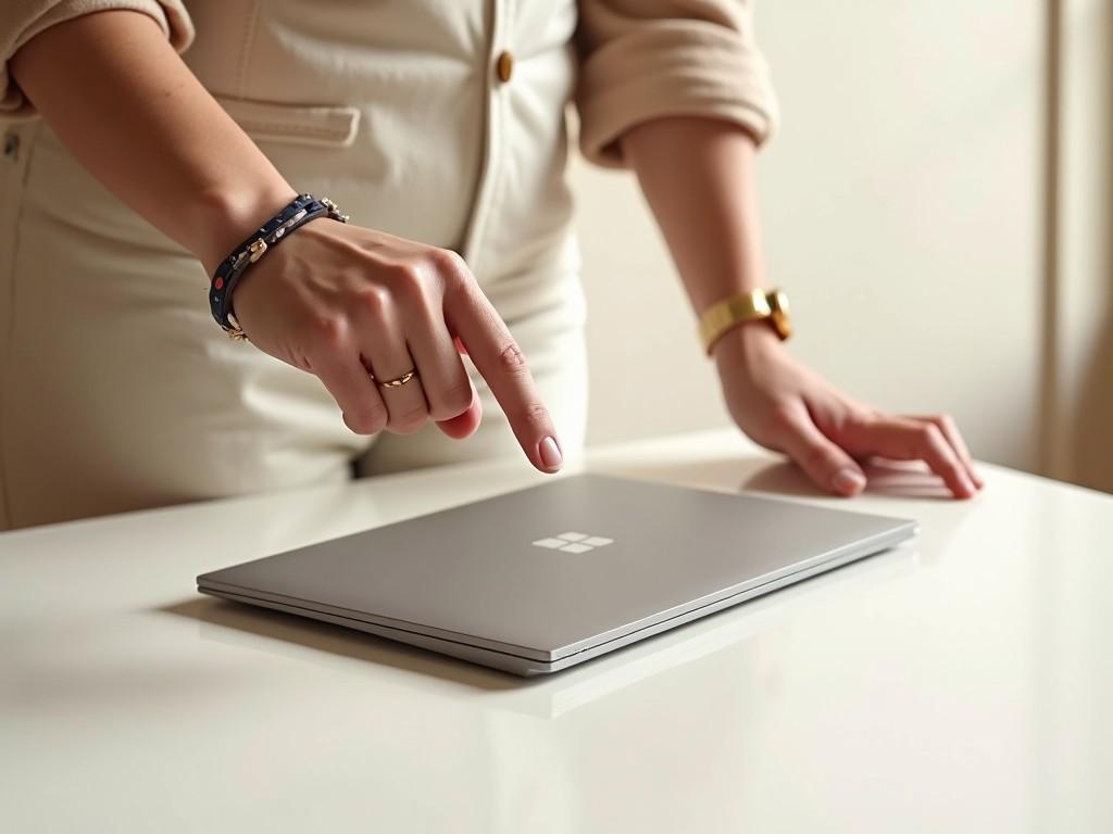 A hand pointing at an open book on a table with natural lighting.