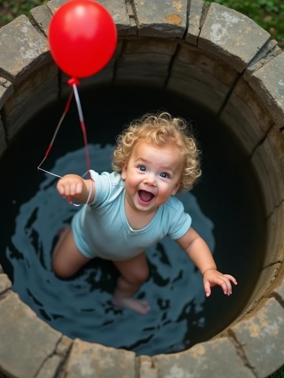 A baby with curly blonde hair holds a bright red balloon while falling into an old stone well. The baby wears a light blue onesie. The view is from above, looking down into the well. Circular stone walls frame the baby, and water reflects movement at the bottom. Soft natural lighting accents the baby's curious demeanor.