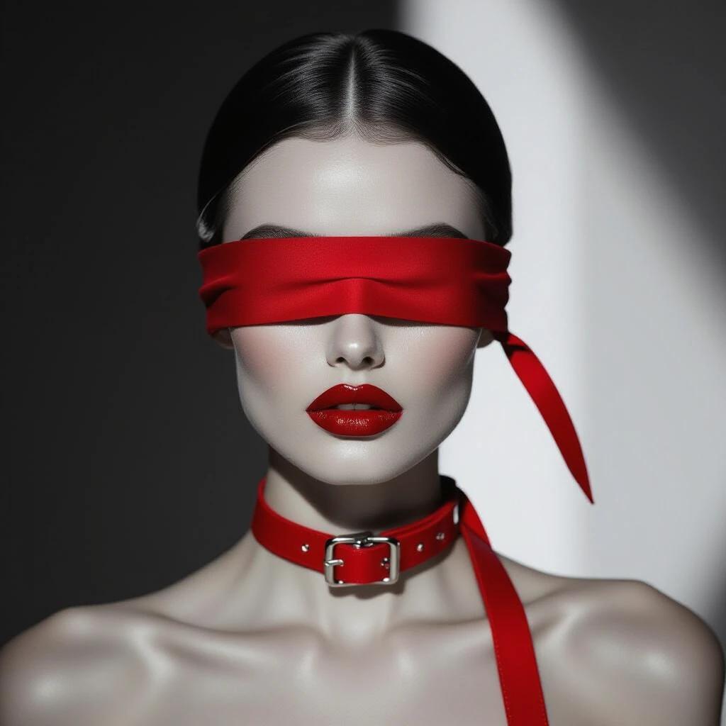 Close-up portrait of a woman with red blindfold and collar. Black and white background creates contrast. Minimalist style emphasizes beauty and elegance. Avant-garde fashion inspired. Dramatic lighting enhances features. Detailed representation in high definition. Captures mysterious and sophisticated elements.