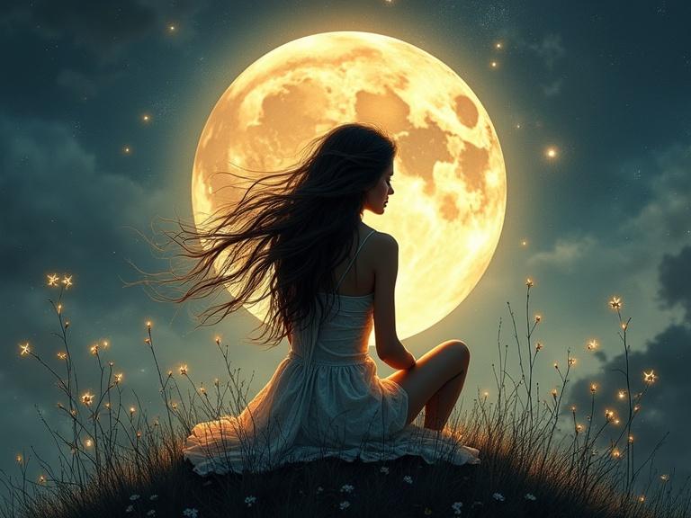 Double exposure concept with silhouette of a young woman sitting back view in front of a large moon. Earthy colors with fine detailed illustrations. High angle back shot with flowing hair and a glowing short dress.