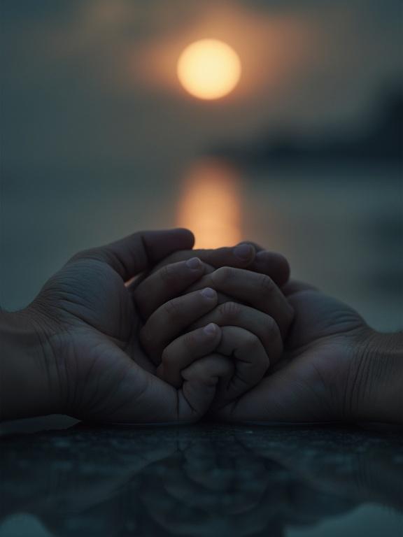 Close-up of hands clasped together. Hands resting on a softly illuminated surface. Background features a sunset. Scene suggests reflection and emotional surrender. High detail captures the essence of intimacy.
