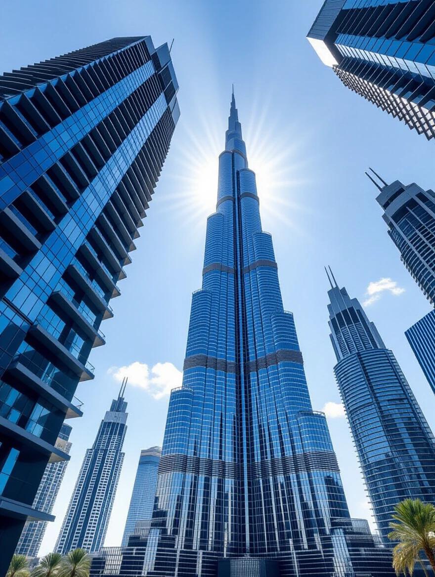 Magnified view showcasing intricate architectural details of Dubai Marina tower facade. Strong light and shadow effects enhance modern geometric and abstract style.