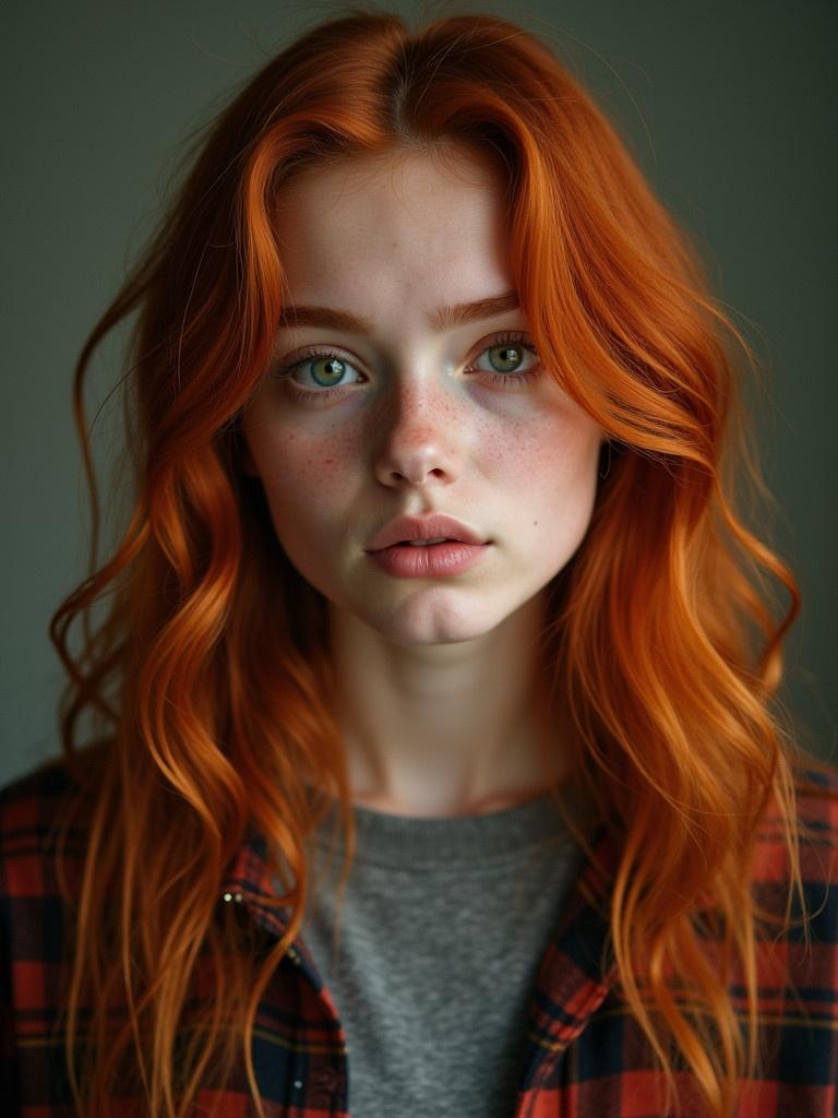 Close-up dramatic shot featuring a sixteen-year-old girl with long carrot-red hair wearing a baggy t-shirt and a flannel shirt. She is posed against a muted background. The lighting is dramatic and cinematic. The image captures extreme detail in hair texture and clothing. The girl has bright green eyes and pale skin.