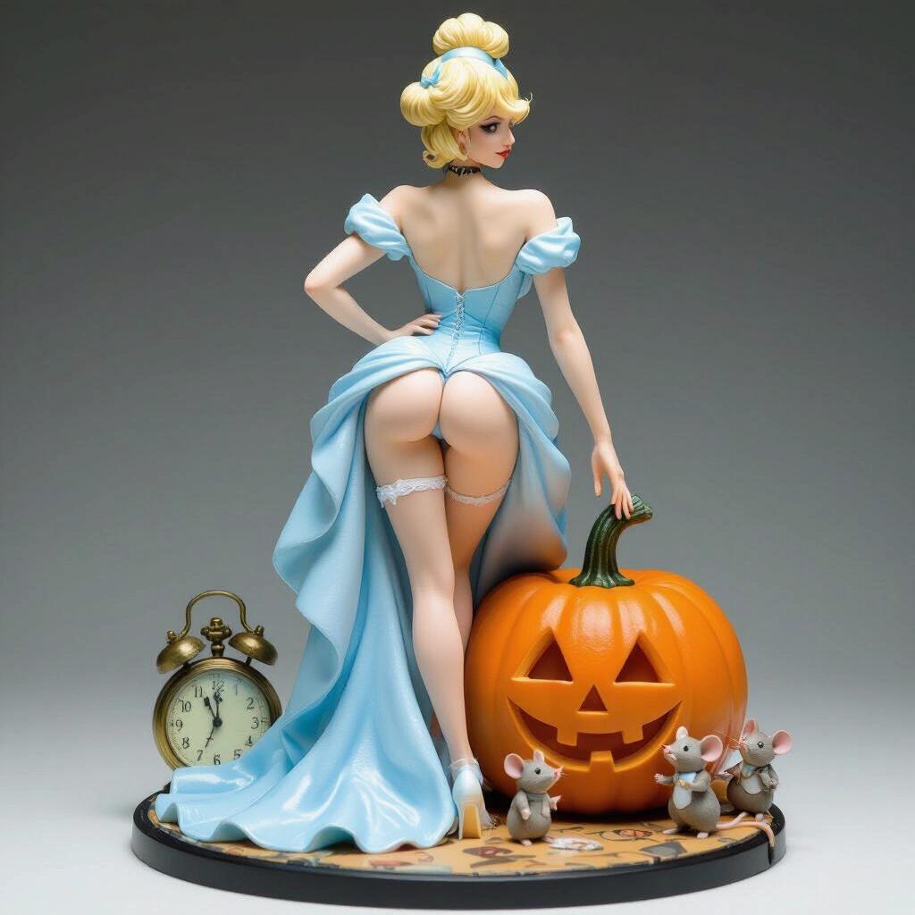 Ultra-detailed, sensual resin figure inspired by Cinderella with blonde hair and blue dress. Woman poses leaning on pumpkin adjusting garter. Includes pumpkin, pocket watch, costumed mice. Each detail captures feminine elegance and fantasy.