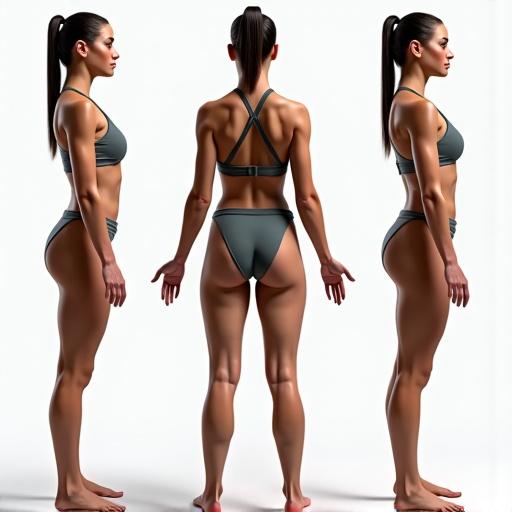 Athletic female model displaying karate poses in various positions. Slim and toned body type with natural posture. View showing front, side, and back profiles. Soft lighting highlights muscle definition.