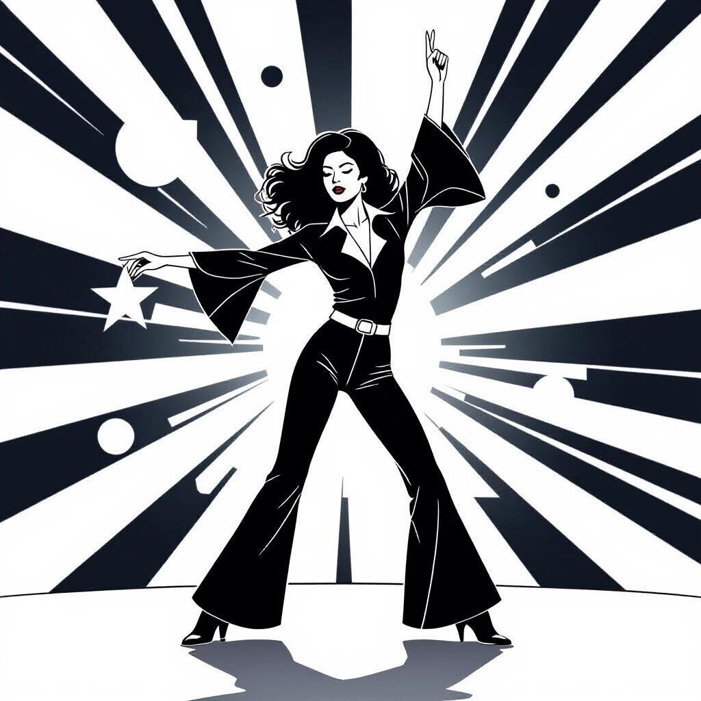 Minimalist continuous line drawing. Girl dancing in 1970s disco style. Single black line on white background. Dynamic pose. Arm raised, finger up. Exaggerated silhouette with big hair and bell-bottoms. Ultra-simple with flowing lines. Bold strokes. High contrast. Retro energy.