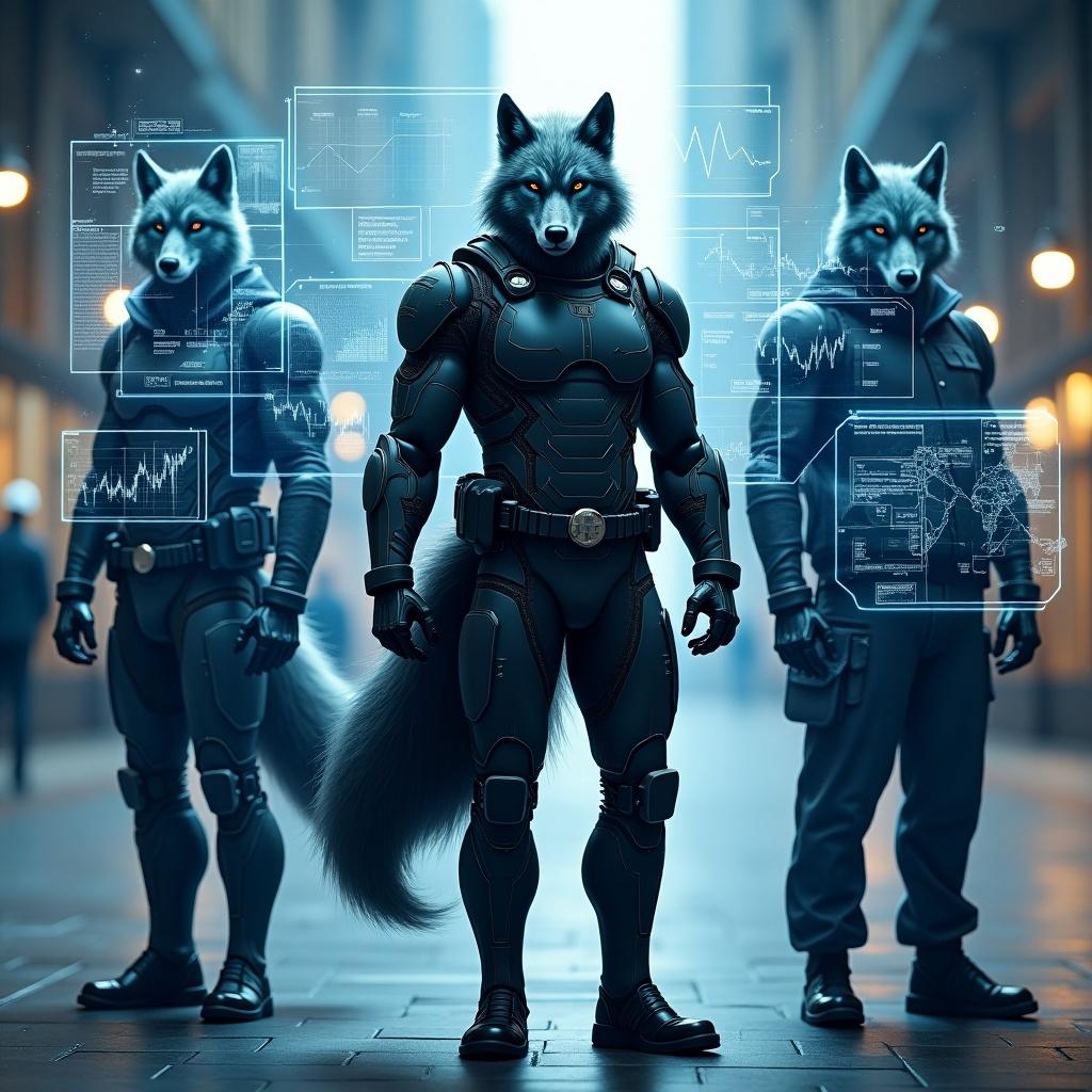 Illustrate a trio of wolf-men in distinct roles. One as an investor in a cybernetic suit with holographic graphs; another as a craftsman using high-tech tools and blueprints; the last as a manager overseeing a digital network.