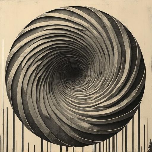 Create a hyperbolic disc inspired by Escher's circular boundary III. The design should evoke an optical illusion with spiraling patterns leading to a central void.