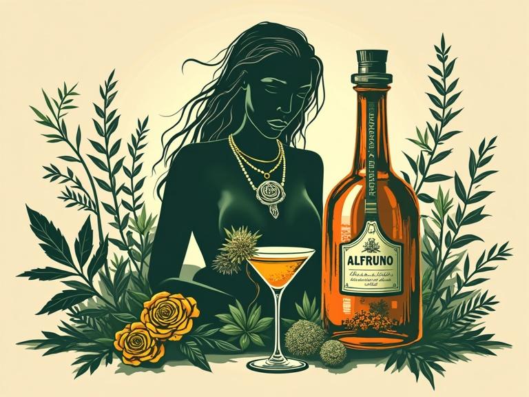 Artwork featuring a nymph-like alchemist woman creating elixirs with herbs. Long hair, nature jewelry, in a vibrant gown, presenting an 'ALFRUNO' bottle. Two identical cocktail glasses, roses, rosemary beside the bottle. Beige background with floral patterns. Includes phrase in classical typography.