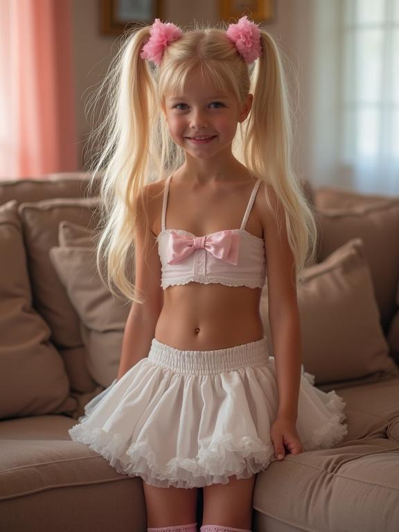 Young girl with long blonde hair and twin tails wears a crop top and micro skirt. She stands in a beautifully decorated living room. Soft lighting illuminates her smile. The scene captures the joy of a birthday celebration with friends.