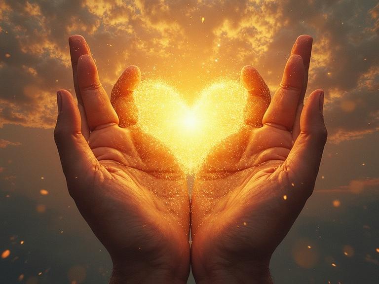 Close-up image of two hands holding a glowing heart made of light and sparkles against a dramatic sky. Emphasizes themes of love, hope, and inspiration.