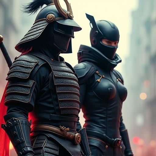 A formidable samurai warrior stands alongside a sleek, cyber-enhanced ninja in an urban environment. The samurai is adorned in traditional armor with ornate details, while the ninja showcases advanced technology and sleek design. A misty and moody atmosphere surrounds them, emphasizing their formidable presence.