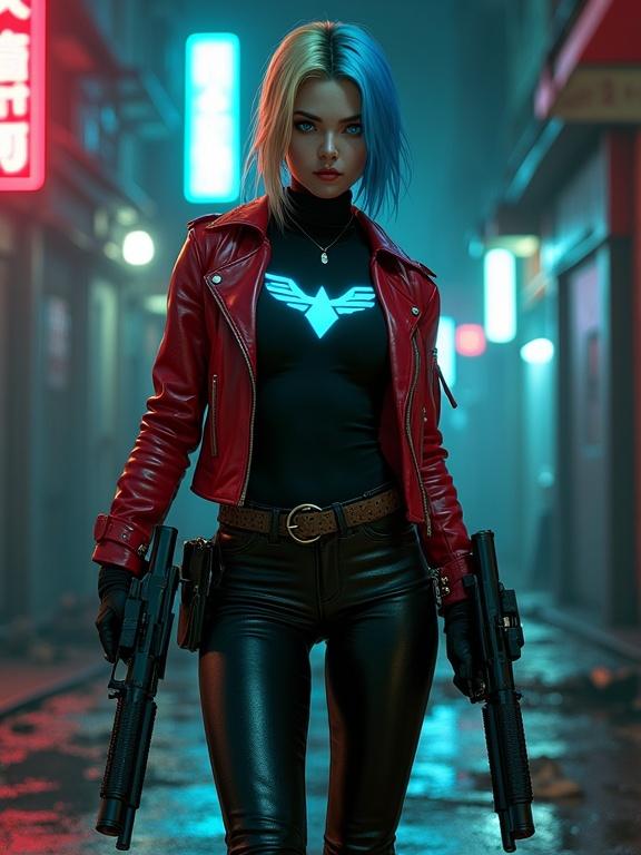Hyper-realistic digital artwork of fierce female mercenary standing in gritty urban alley at night. She has split-colored hair, shiny red leather jacket, black turtleneck with glowing cyan symbol, black leather pants, studded leather belt, thigh holsters with pistols. Holds two tactical rifles with determined expression, blue eyes reflecting neon lights. Background is dark with wet pavement reflecting neon signs and fog.