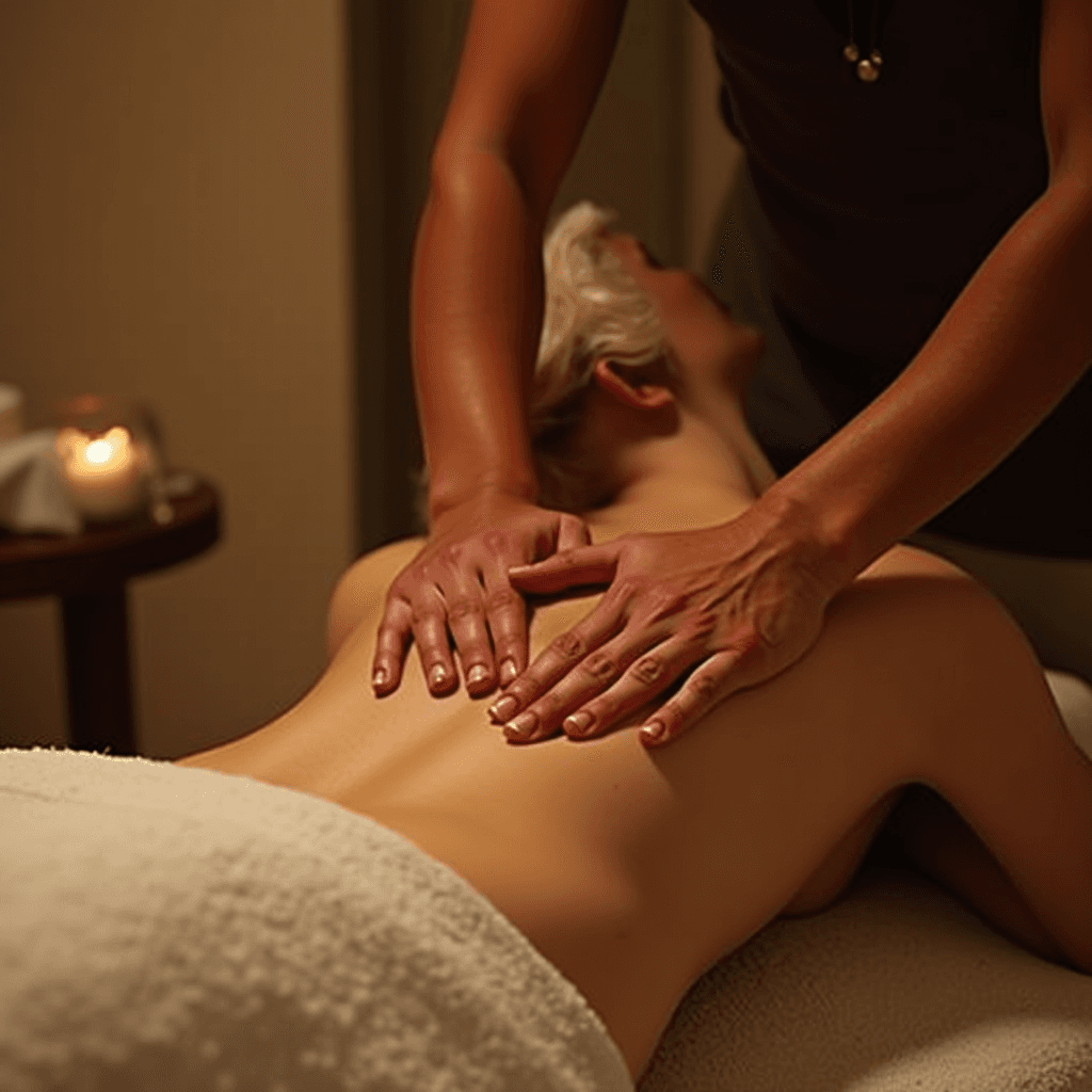 A relaxing massage session with warm ambient lighting and a spa-like atmosphere.