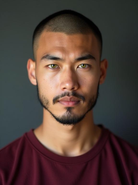 Studio portrait photograph. Young man with bright green eyes. Shaved beard and closely shaved head. Wearing a deep burgundy colored t-shirt. Good complexion.