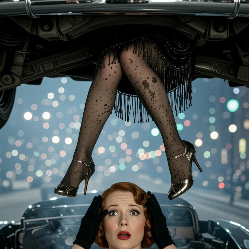 Close-up of woman's legs protruding from beneath car. Stockings are muddy and dress hem is twisted. High-heeled shoe is dangling. Foreground features gloved hands framing a face. Bokeh city lights are in the background. Car is smoking but out-of-focus.