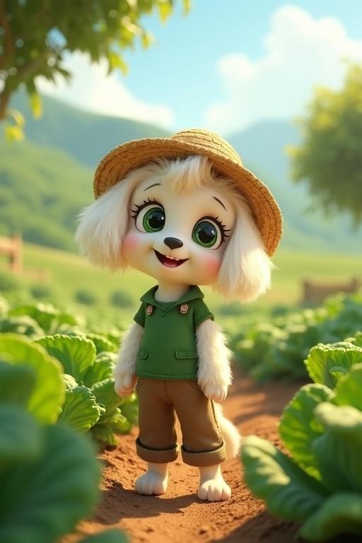 Poppy the fluffy white puppy stands at her cabbage farm. She wears a straw hat and green shirt with brown pants. The farm features lush greenery and rolling hills. Vibrant sunlight filters through trees casting shadows. The scene is detailed with dewdrops on cabbages. Ultra HD 4K quality.