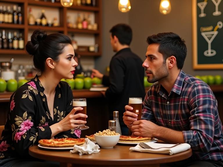 Scene in a cozy bar with a couple sitting at a wooden table. The woman has dark hair in a bun, wears a floral blouse, and raises a glass of beer. The man in plaid shirt gestures as they converse. Food plates and nuts are on the table. Bar stocked with bottles and apples in background. Warm lighting creates inviting ambiance.