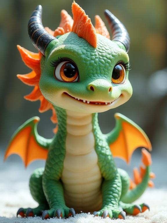 A cute baby green dragon. Snow white chest and belly. Bright ginger hair on the head. Human child-like face with large amber eyes and a sweet smile. Glossy black horns and claws.