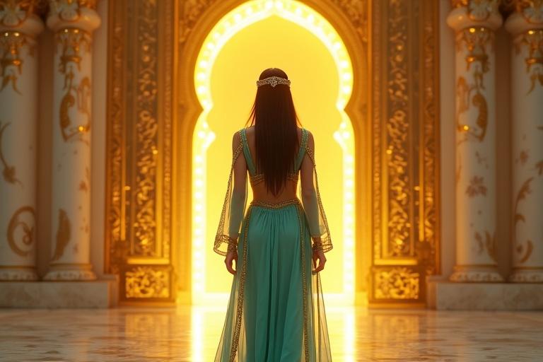 Princess stands before golden temple doors at the end of a glowing bridge. Camera captures her from behind. She wears a turquoise Arabian outfit with gold embroidery. Hair cascades down her back. Atmosphere is majestic and mystical. Golden light emanates from the doors.