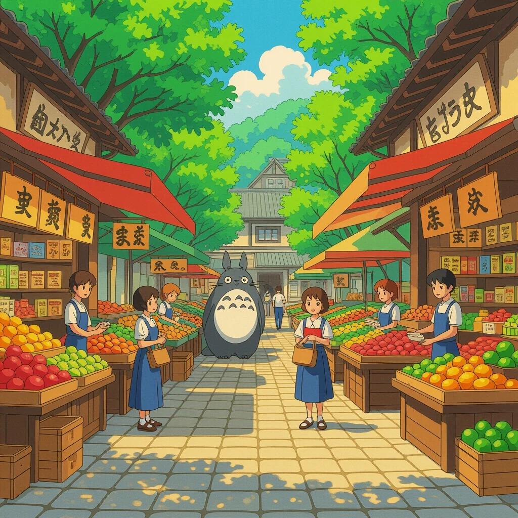 Market scene inspired by Ghibli animated style. Totoro appears among stalls filled with colorful fruits. Characters wearing traditional clothing engage with vendors in a lively atmosphere.