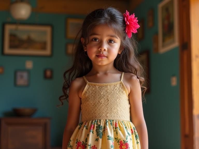 Young girl standing in room with decorations. Beautiful flower in hair. Wearing colorful dress. Natural light creates warm ambiance.