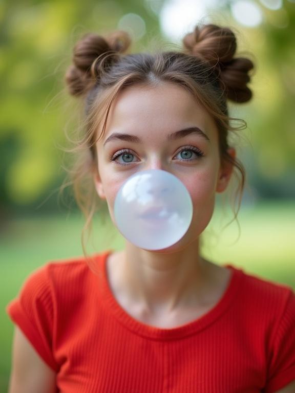 Photograph of a young woman blowing a large bubblegum bubble. She has light blue eyes, thick eyebrows, and long eyelashes. Hair styled in messy buns. Wearing a red short-sleeved top. Background is blurred with green foliage. Soft natural light creates a serene atmosphere. The bubblegum bubble is nearly spherical with a blue tint, conveying a sense of playful joy.